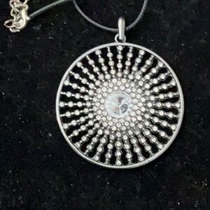 Silver Pendant Necklace with Crystal Center on Black Leather Adjustable Chain